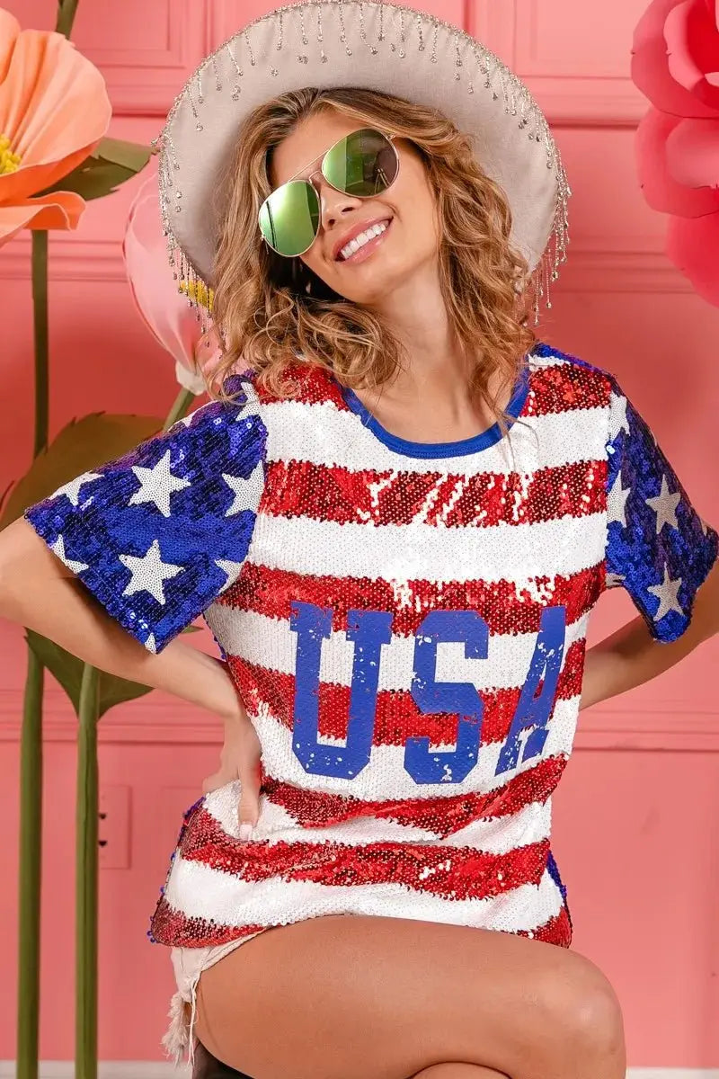 BiBi American Flag Theme USA Lettering Sequin Top - Love Salve